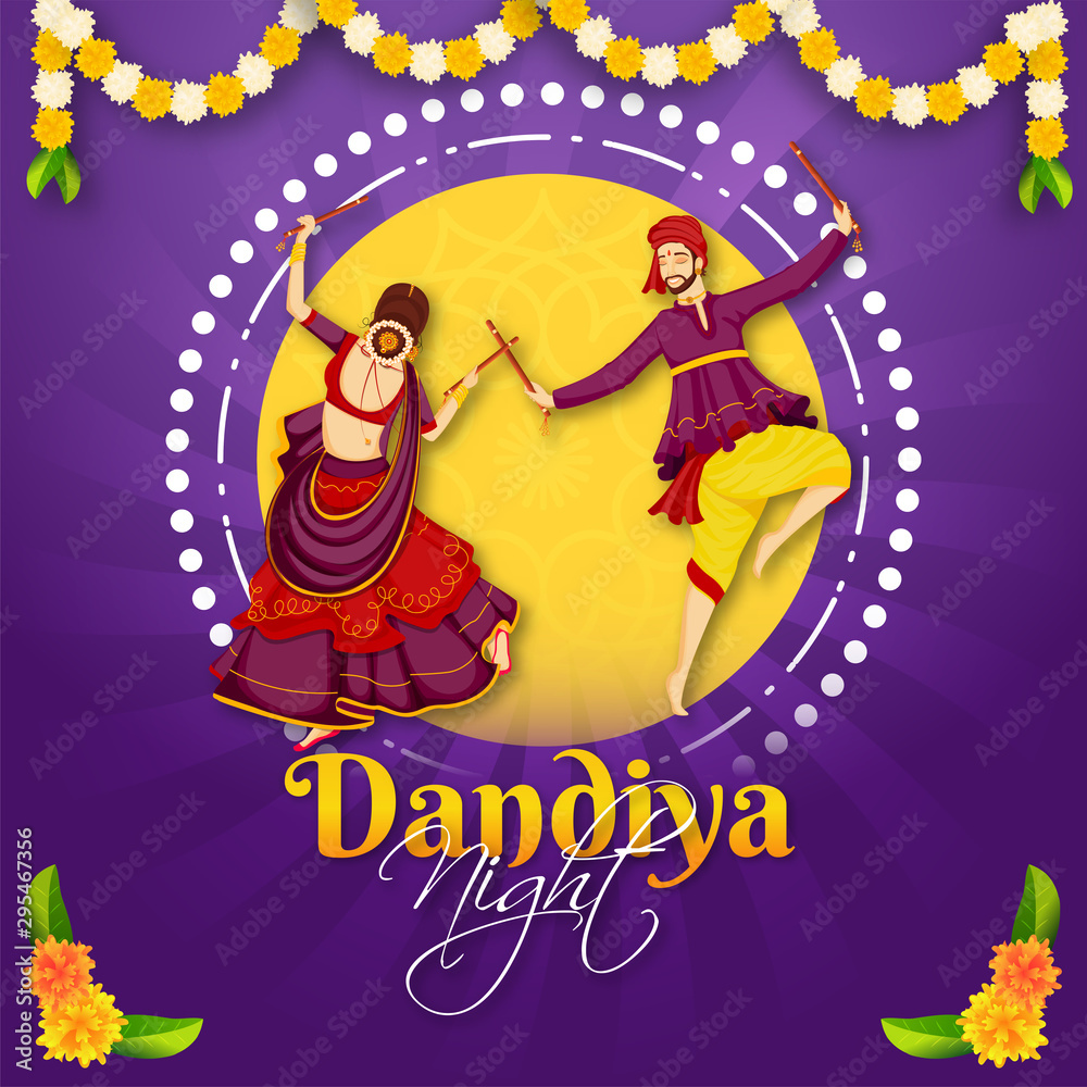 Illustration of gujarati couple performing dandiya dance on the occasion of Dandiya Night party celebration. Can be used as poster or template design.