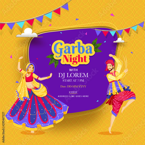 Creative Garba Night poster or invitation card design with couple dancing on abstract bakground and event detail.