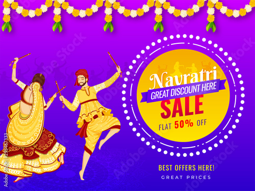Sale banner or poster design with 50% discount offer and illustration of couple playing Dandiya on the occasion of Navratri Festival. © Abdul Qaiyoom