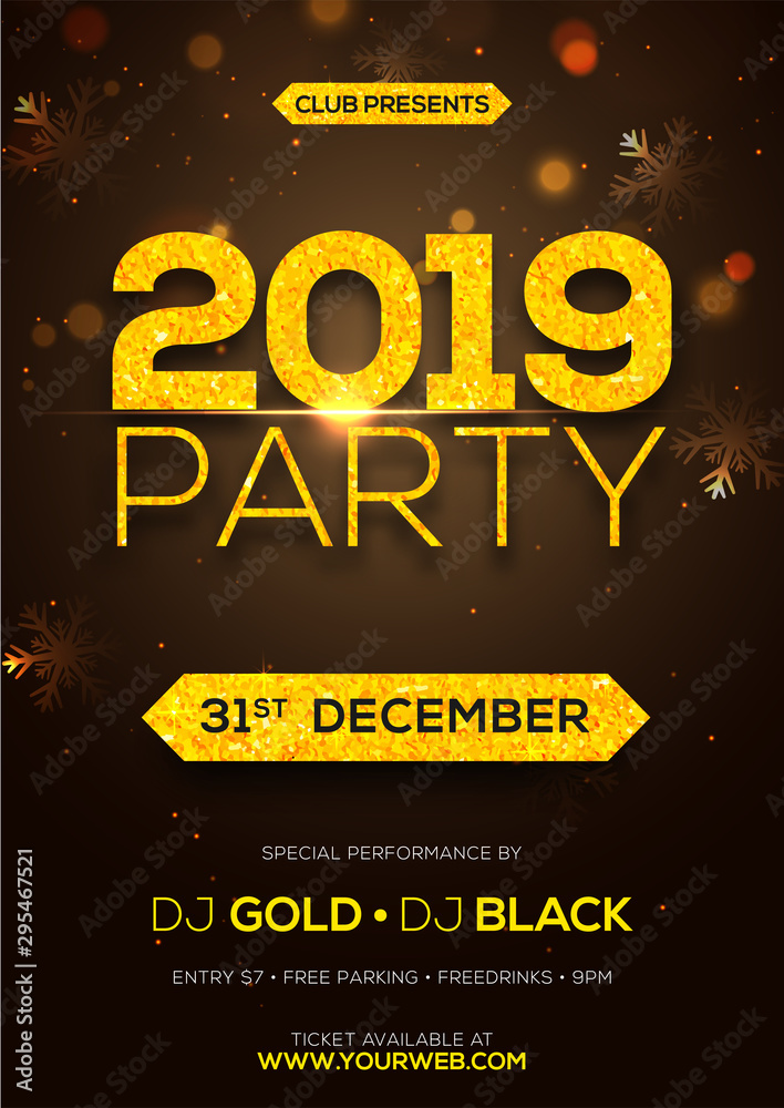 Yellow grunge text 2019 Party on blurred brown background for New Year celebration.