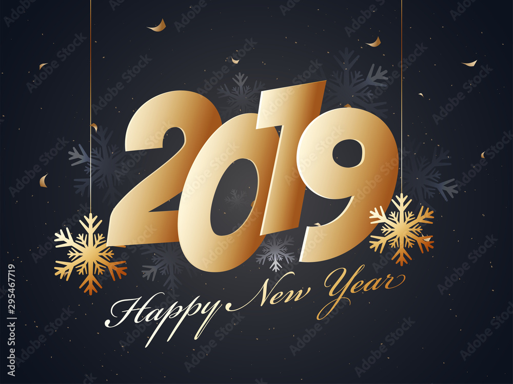 Golden text 2019 on snowflake background for New year celebration greeting card design. Golden text 2019 on snowflake background for New year celebration greeting card design.