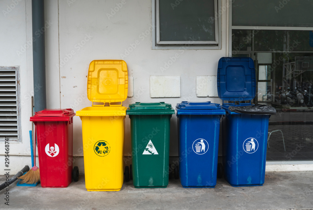 Garbage Trash Containers For Selective Rycyclable Collection Stock Photo,  Picture and Royalty Free Image. Image 92275188.