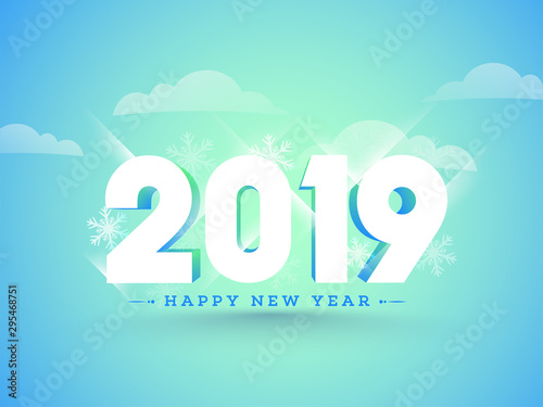 3D, white text 2019 on glossy cloudy background with snowflakes. Happy New Year greeting card design.