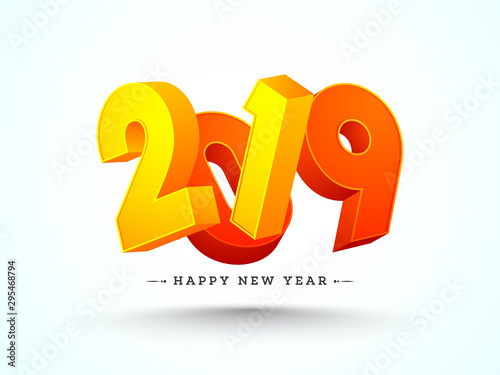 3D text 2019 in yellow and orange color on glossy background for Happy New year greeting card design.