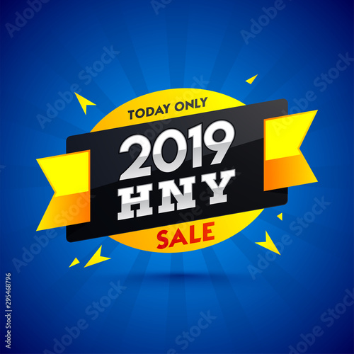 HNY (Happy New Year) 2019 sale tag or ribbon on blue ray background can be used as template or poster design.