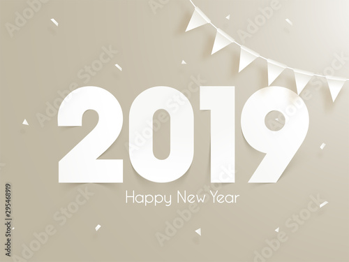 Paper cut text 2019 with bunting flags decorated on glossy background for Happy New Year poster or greeting card design.