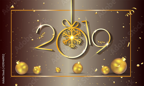2019 text with golden bauble hang on glossy brown background for Happy New Year celebration.