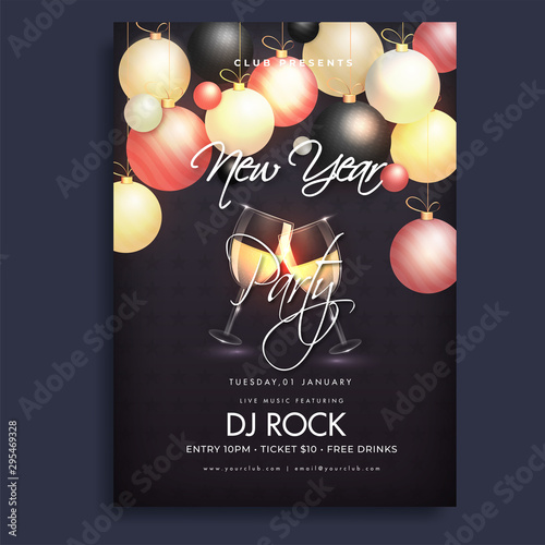 Canvas Print New Year party celebration template or flyer design decorated with colorful baubles