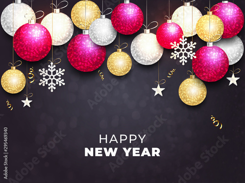 Happy New Year celebration background decorated with colorful baubles and snowflakes.
