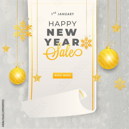 Scroll paper style sale template design decorated with golden baubles, stars and snowflakes for Happy New Year celebration.