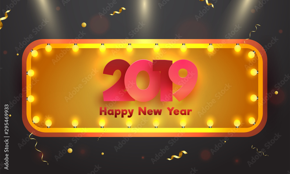 Happy New Year celebration background with 2019 lettering on retro vintage frame with lighting bulb.