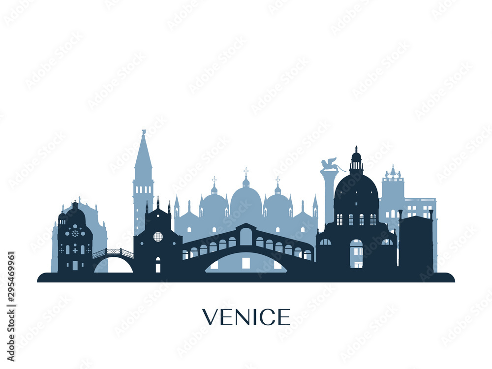 Venice skyline, monochrome silhouette. Vector illustration.