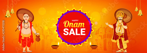 Happy Onam Sale header or banner design, illustration of King Mahabali with Vamana Avatar on orange Temple background decorated with worship bell and oil lamp (Diya). photo