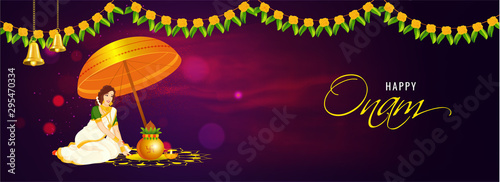 Advertising header or banner design, front view of woman worship with clay pot (Kalash) under the Onam umbrella for Happy Onam festival celebration concept.