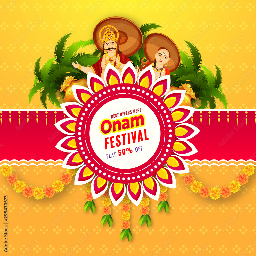 Onam Festival Sale poster or template design with 50% discount offer,  illustration of King Mahabali and Vamana on yellow and red background  decorated with flower garland. Stock Vector | Adobe Stock