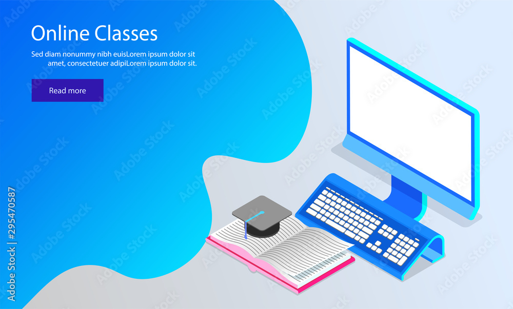 Isometric illustration of desktop with book and graduation cap on shiny blue background. Online Classes concept web template design.