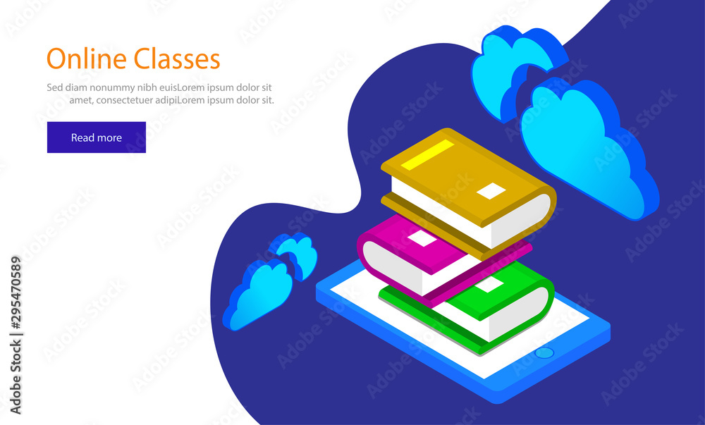 Isometric illustration of books stack on smartphone screen for E-Library concept. Responsive web template design for Online Classes.