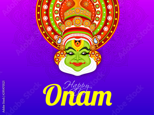 Illustration of Kathakali dancer face on purple floral background for Happy Onam celebration greeting card design. © Abdul Qaiyoom