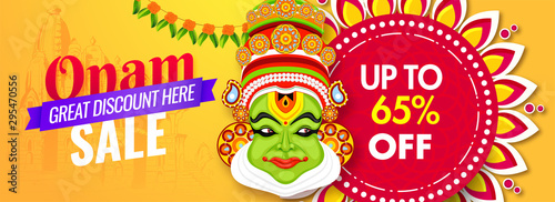 Website header or banner design with illustration of Kathakali dancer face and 65% discount offer for Onam Festival Sale.