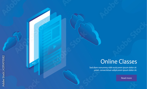 Responsive web template design with isometric illustration of smartphone with video play window on shiny blue background for Online Classes concept.