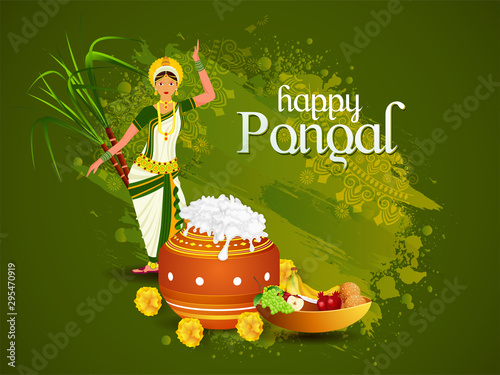 Beautiful young classical dancer with traditional festival elements on occasion of Pongal, harvest festival celebration in South India.