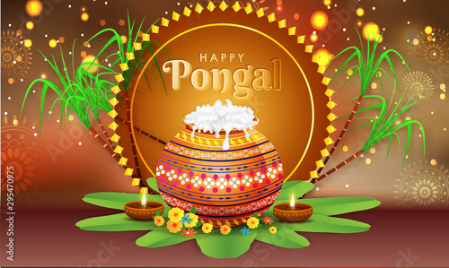 Greeting card design for Happy Pongal festival celebration with traditional pot and religious offerings on banana leaves. Harvest festival of South India.