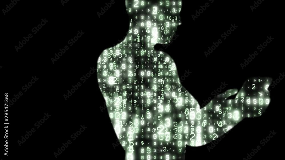 Data filled silhouette of a woman using a phone. Random glowing numbers make the shape of someone using a phone. Data filled silhouette of a woman using a phone. Random glowing numbers make the shape of someone using a phone.