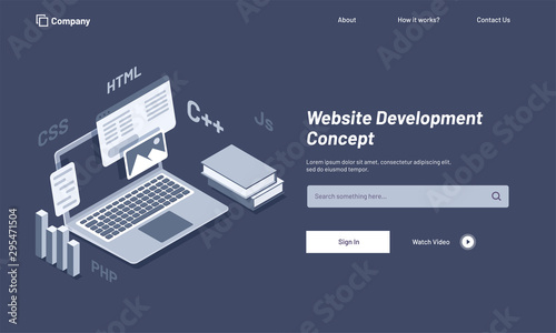 Isometric illustration of laptop with browser window, website under maintenance, responsive web template design for Website Development Concept.