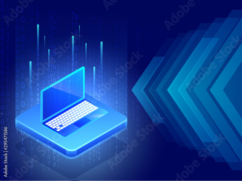 3D illustration of laptop between matrix digital rays on blue abstract or sci-fi background.