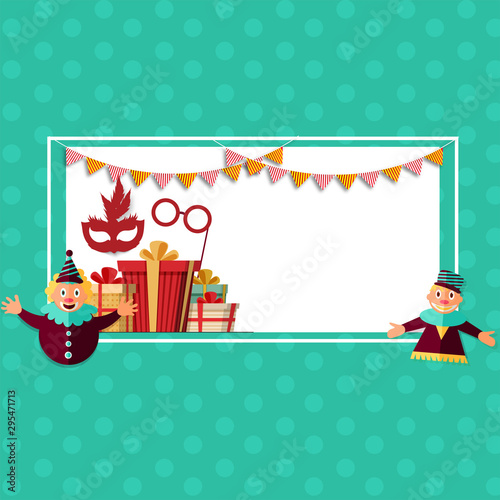 Party celebration poster or banner design with gift boxes, props and funny jesters on green polka dot background with space for your text.
