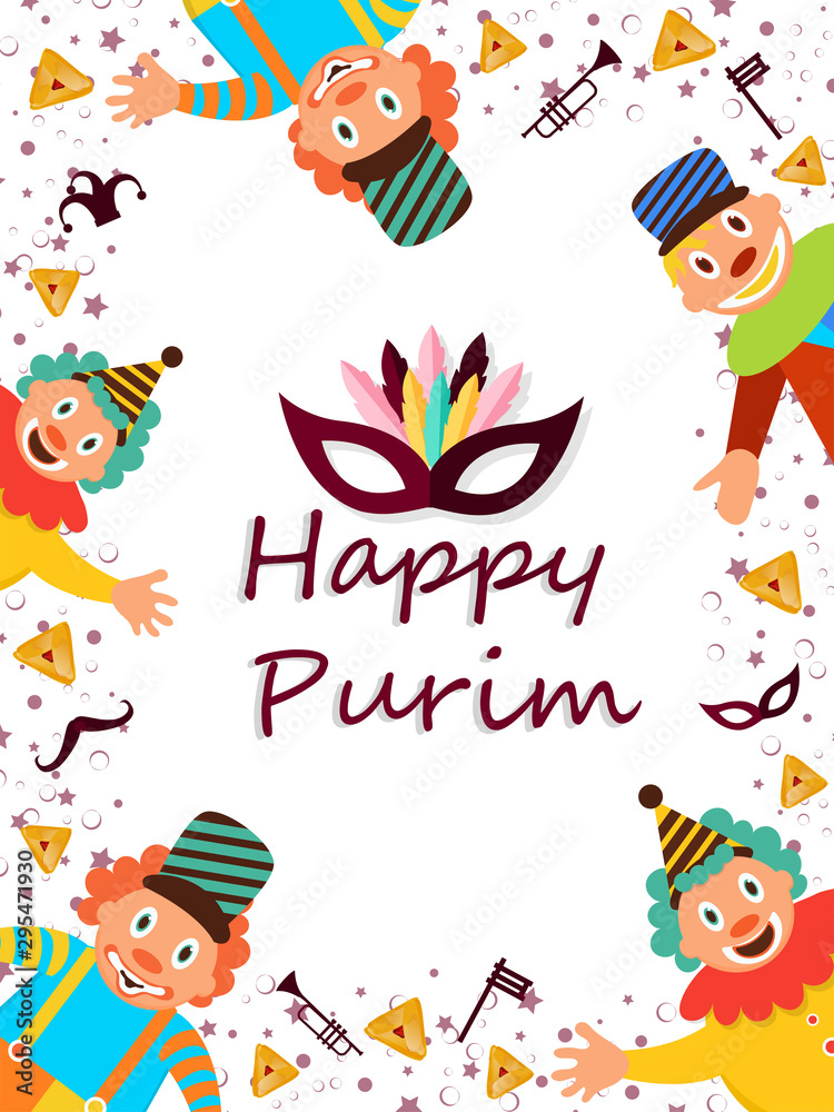 Party template design with funny jesters, props and hamantaschen cookies on white background for Happy Purim celebration.
