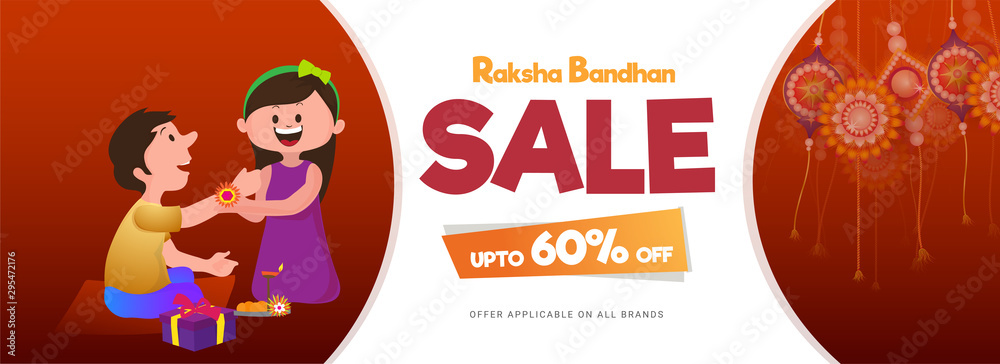 Sale header or banner design, Upto 60% discount offer with illustration of brother and sister celebrating Raksha Bandhan Festival.