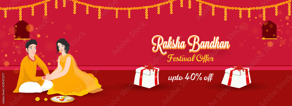 Naklejka premium Advertising header or banner design with illustration of young girl tying Rakhi on her brother wrist and 40% discount offer for Raksha Bandhan Sale.