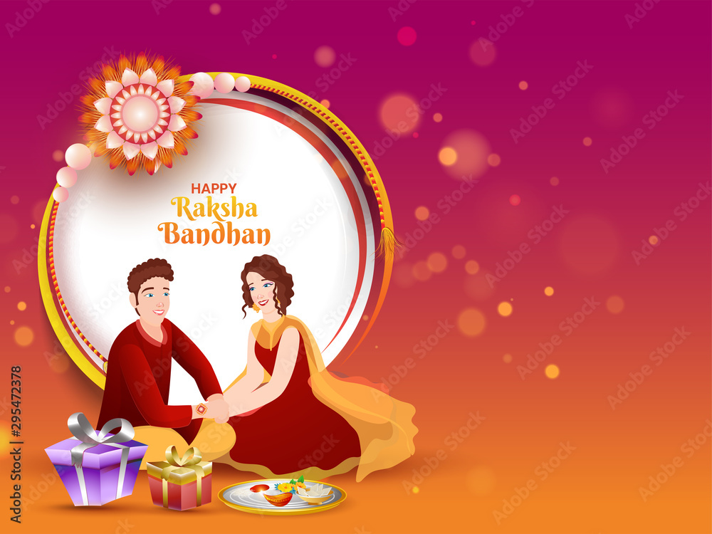 Illustration of a young girl tying Rakhi on her brother wrist with gift boxes for Happy Raksha Bandhan celebration concept. Can be used as banner or poster design. Stock Vector | Adobe Illustration of a young girl tying Rakhi on her brother wrist with gift boxes for Happy Raksha Bandhan celebration concept. Can be used as banner or poster design. Stock Vector | Adobe
