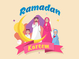 Ramadan Kareem celebration invitation card, poster or flyer design with illustration of islamic family wearing traditional clothes.