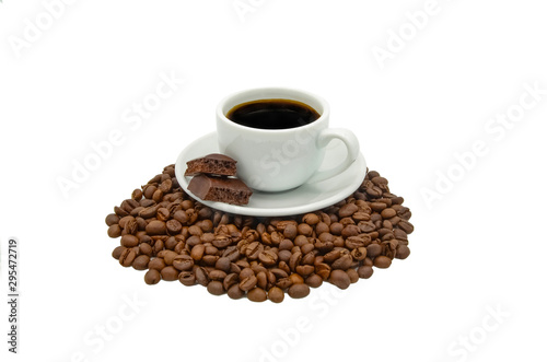 Cup of coffee and coffee beans on a white isolated background