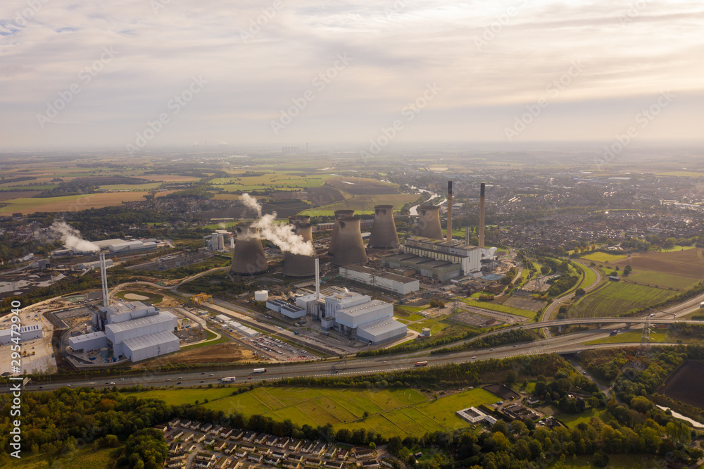 Aerial photo of the Ferrybridge Power Station located in the Castleford area of Wakefield in the UK, showing the power station cooling towers.