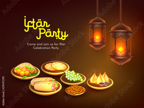 Hanging beautiful lanterns on brown background for Iftar Party Celebration banner or poster design.