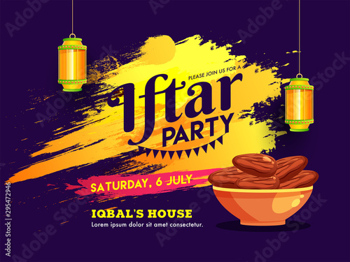 Iftar Party Celebration, invitation card design details, hanging lantern and sweet bowl on yellow abstract background, can be used poster or flyer design. photo