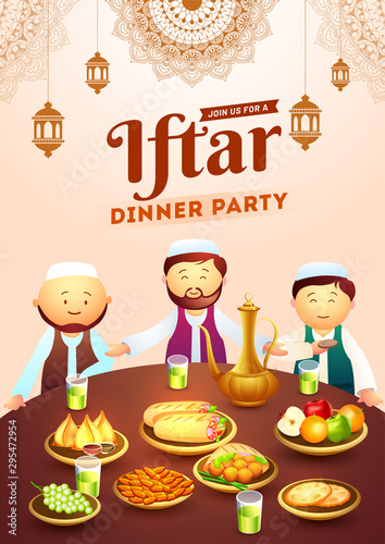 Cartoon character of islamic men enjoying delicious food and decoration of illuminated lantern  Iftar Dinner Party poster or flyer design.