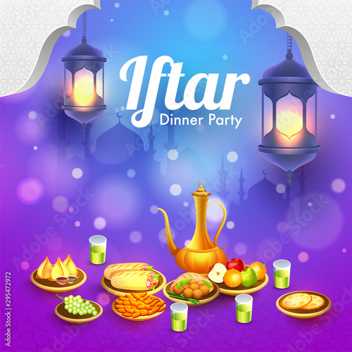 Illuminated hanging lantern on shiny background for Iftar Dinner Party poster or banner design. photo