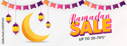 Ramadan Kareem Sale with Flat 30-70% off. Creative social media banner design with illustration of hanging lantern, bunting decoration and moon on white background.