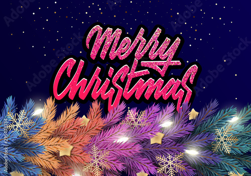 Holiday's Background for Merry Christmas greeting card with a realistic colorful garland of pine tree branches, decorated with Christmas lights, gold stars, snowflakes