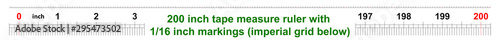 200 inch tape measure ruler with 1/16 inch markings. Imperial grid below. Scale 1:1.