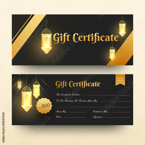 Front and back view of Gift Certificate or horizontal template design with discount offer and illuminated lanterns.