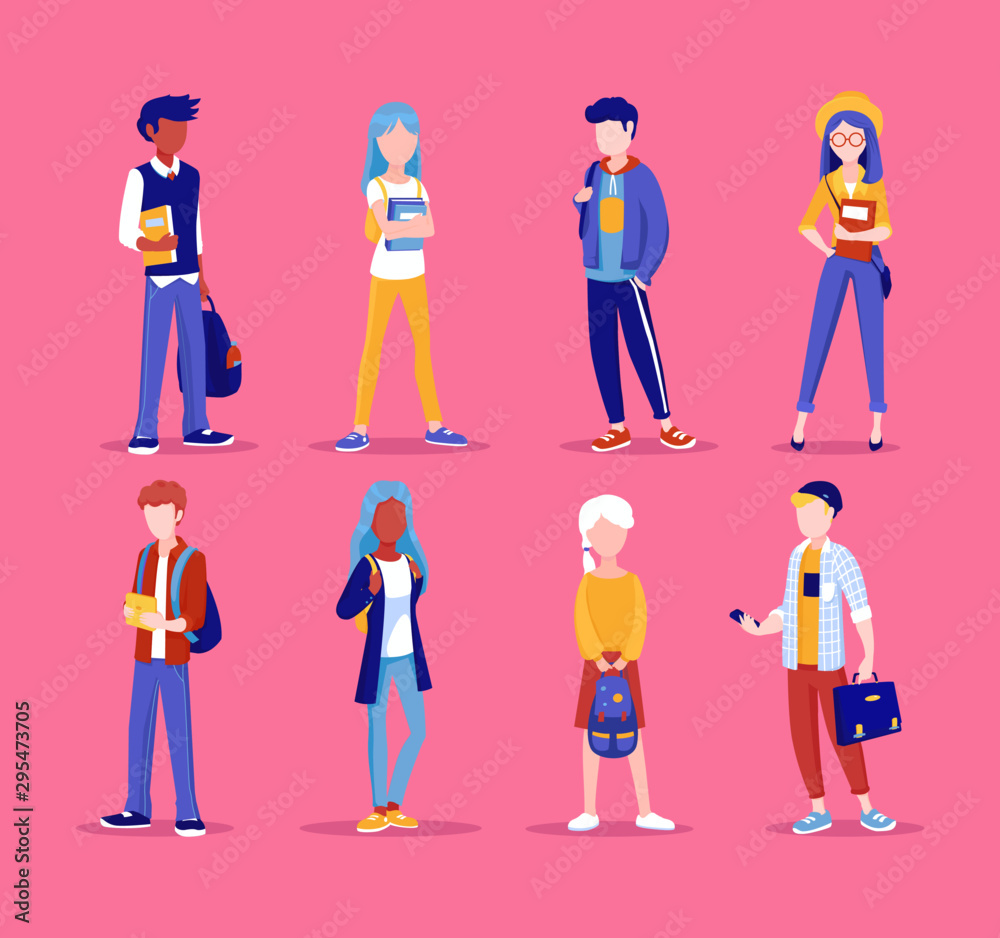 Group of young people, standing together,in different poses. Students, schoolchildren illustration in cartoon style. Set of teenagers.