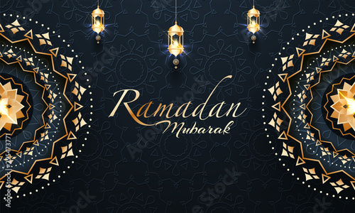 Web header banner or poster design with floral pattern and stylish text of Ramadan Kareem in golden color. © Abdul Qaiyoom