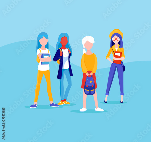 Group of young girls friends, stand together. Students, schoolchildren illustration in cartoon style. Set of teens girls. 