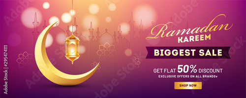 Biggest Sale header or banner design with crescent moon, illuminated lantern and 50% discount offer for Ramadan Kareem.