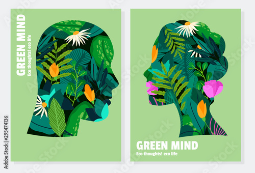 Silhouettes of man and woman, with flowers and vegetation inside them. Green thinking concept, card design. 